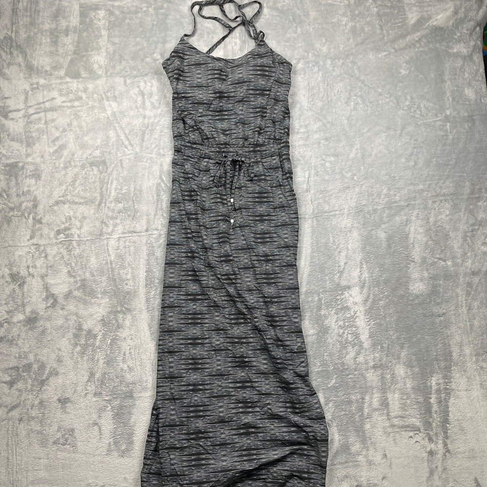 Athleta Gray Striped Maxi Dress Criss Cross Straps Drawstring Waist Size 2